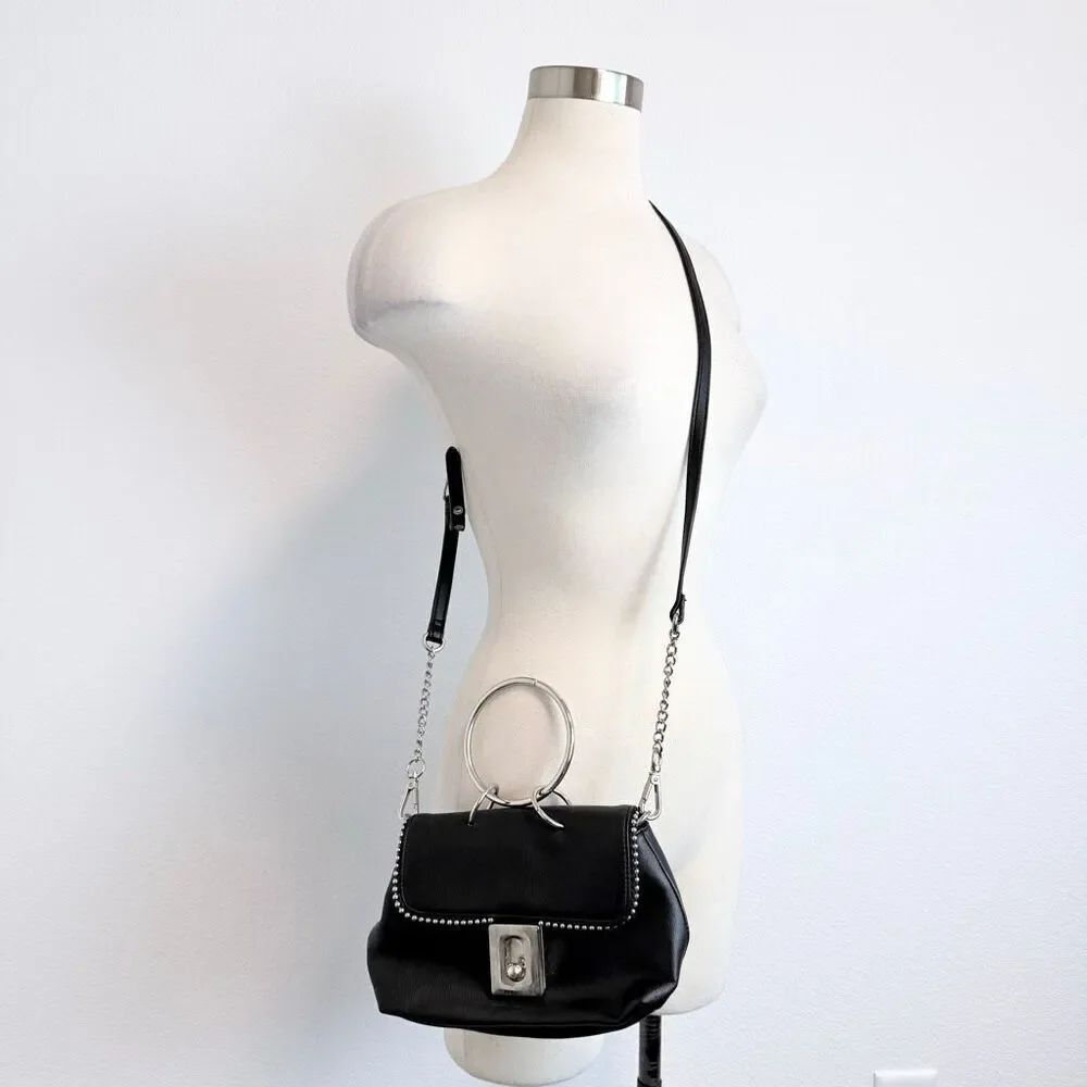 Wild Fable Black Faux Leather Studded O Ring Crossbody Handbag Hobo Bag Purse